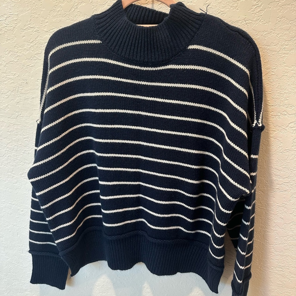 Workshop Republic Clothing Navy and White Striped Turtleneck Sweater